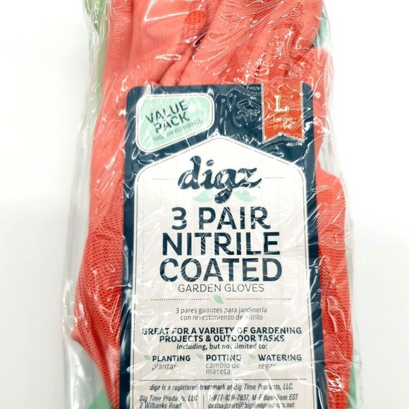 Digz Gardening Gloves Nitrile Coated 3 Pack Womens Size Large Value Pack Plants - Picture 6 of 6